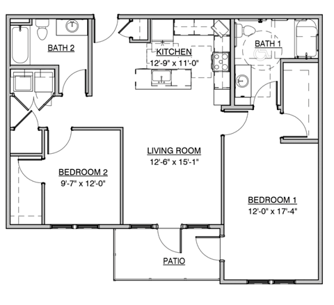 Floor plan for 2 beds, 2 baths, 1200 sqft